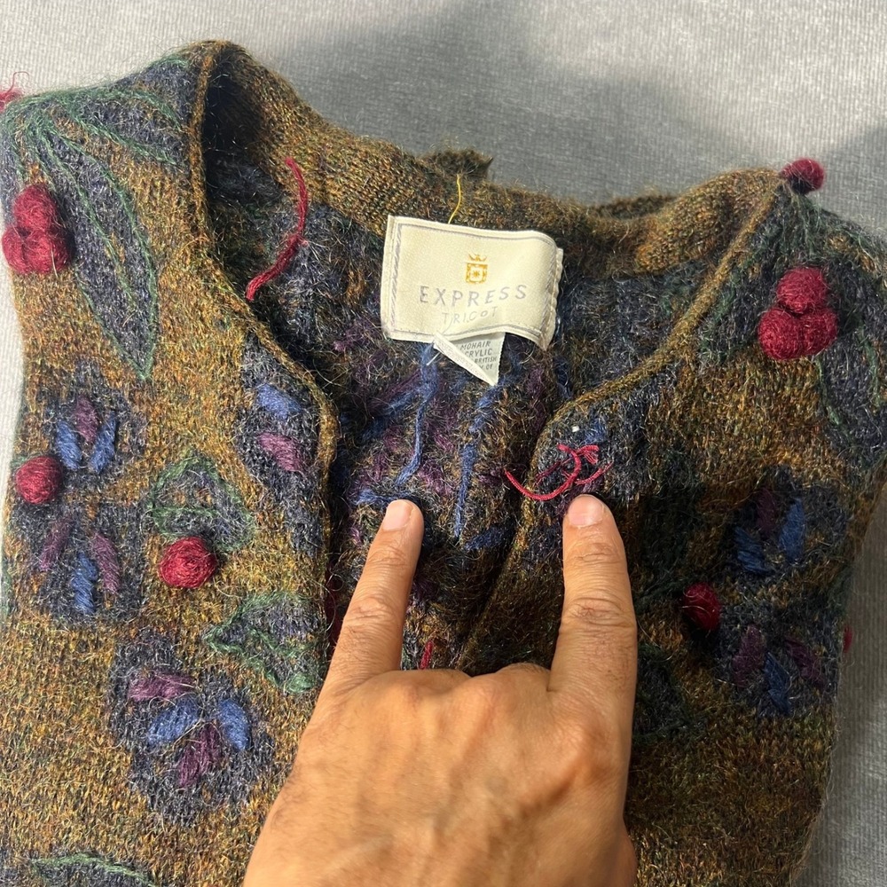 Vintage Express Tricot Womens Medium Mohair Blend Cardigan Floral Pom Pom Chunky - Picture 8 of 9